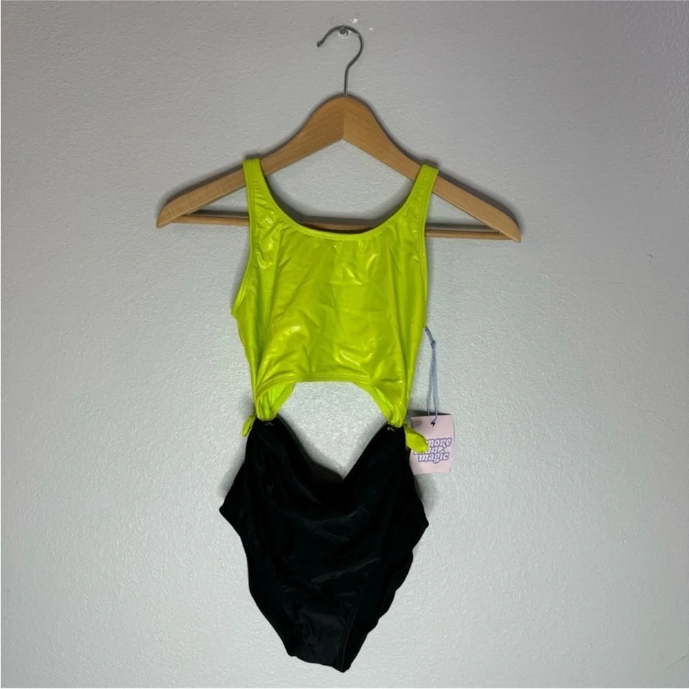 New Girl’s Swimsuit, “More Than Magic” Cutout OnePiece, Size L (10/12), Lime&Blk